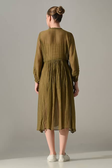 Buy_Samant Chauhan_Olive Green Silk, Cotton Round Neck Button Down Dress _Online_at_Aza_Fashions