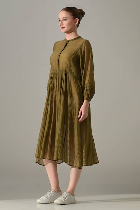 Shop_Samant Chauhan_Olive Green Silk, Cotton Round Neck Button Down Dress _Online_at_Aza_Fashions