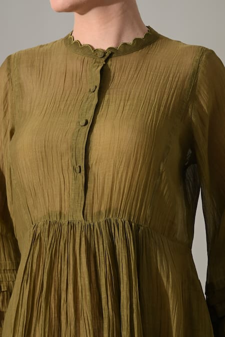 Samant Chauhan_Olive Green Silk, Cotton Round Neck Button Down Dress _at_Aza_Fashions