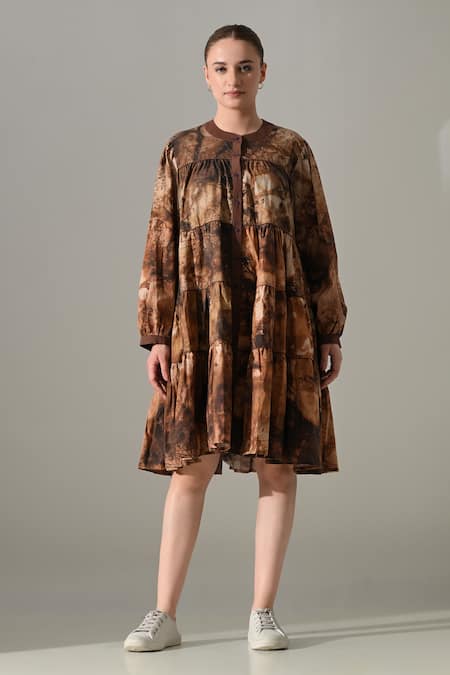 Samant Chauhan Earth Brown Tie Dye Tiered Dress 