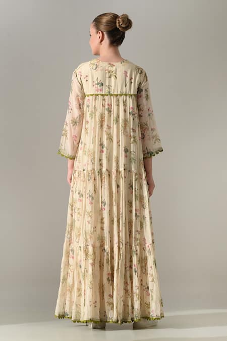 Samant Chauhan Cream Floral Tiered Long Dress 
