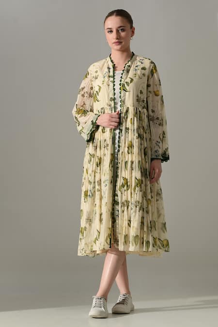 Samant Chauhan Cream Botanical Print Jacket With Dress 