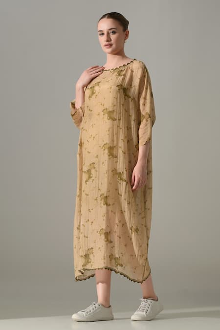 Samant Chauhan_Beige Silk, Cotton Boat Neck Botanical Print Kaftan _Online_at_Aza_Fashions