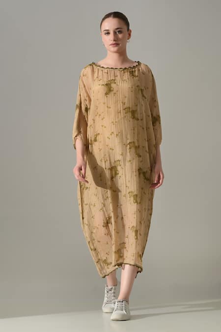 Buy_Samant Chauhan_Beige Silk, Cotton Boat Neck Botanical Print Kaftan _Online_at_Aza_Fashions