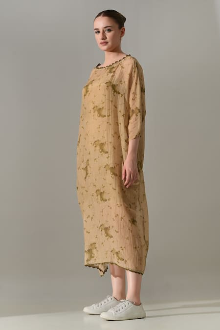Shop_Samant Chauhan_Beige Silk, Cotton Boat Neck Botanical Print Kaftan _Online_at_Aza_Fashions