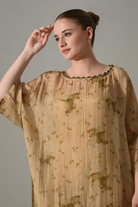 Samant Chauhan_Beige Silk, Cotton Boat Neck Botanical Print Kaftan _at_Aza_Fashions