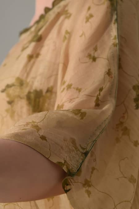 Buy_Samant Chauhan_Beige Silk, Cotton Boat Neck Botanical Print Kaftan 