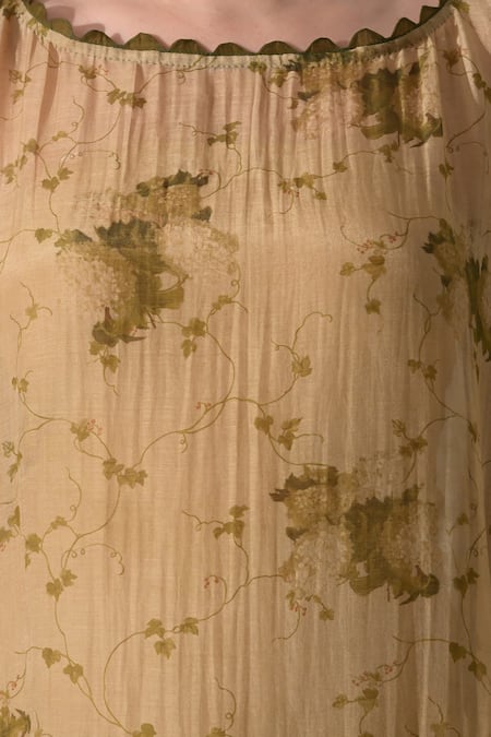 Shop_Samant Chauhan_Beige Silk, Cotton Boat Neck Botanical Print Kaftan 