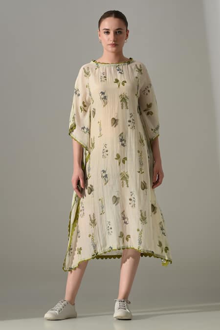 Samant Chauhan Cream Floral Print Cotton Silk Kaftan 