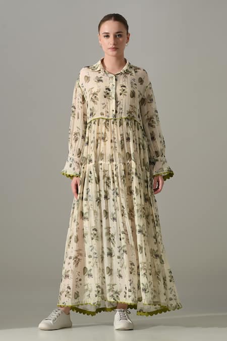 Samant Chauhan Cream Botanical Print Maxi Dress 