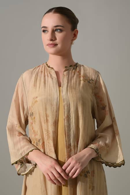 Samant Chauhan_Beige Silk, Cotton Mandarin Collar Printed Jacket With Dress _Online_at_Aza_Fashions