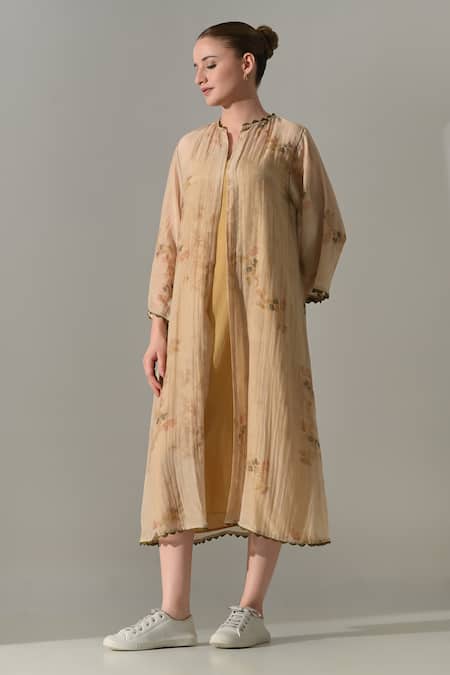Buy_Samant Chauhan_Beige Silk, Cotton Mandarin Collar Printed Jacket With Dress _Online_at_Aza_Fashions