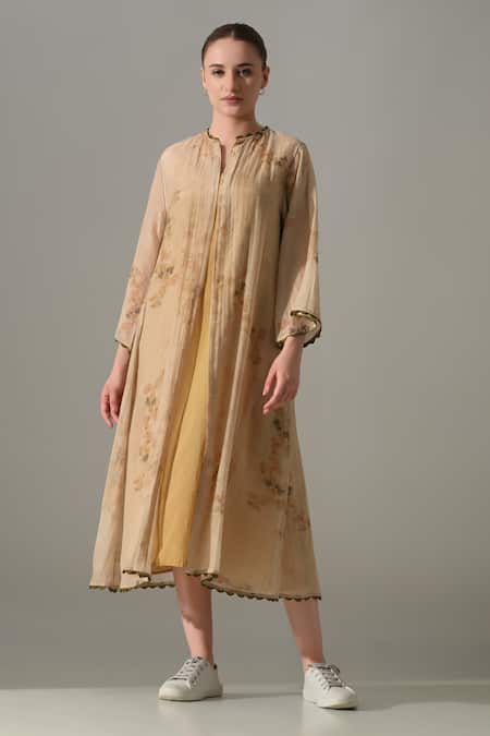 Shop_Samant Chauhan_Beige Silk, Cotton Mandarin Collar Printed Jacket With Dress _Online_at_Aza_Fashions
