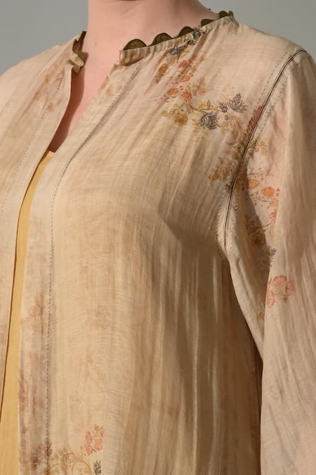 Samant Chauhan_Beige Silk, Cotton Mandarin Collar Printed Jacket With Dress _at_Aza_Fashions