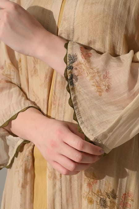 Buy_Samant Chauhan_Beige Silk, Cotton Mandarin Collar Printed Jacket With Dress 