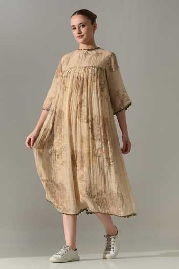 Samant Chauhan Beige Silk, Cotton Round Neck Floral Print Midi Dress at Aza Fashions Samant Chauhan_Beige Silk, Cotton Round Neck Floral Print Midi Dress _at_Aza_Fashions