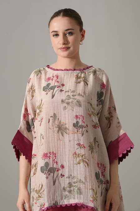 Samant Chauhan_Pink Silk, Cotton Round Neck Floral Print Layered Kaftan _Online_at_Aza_Fashions