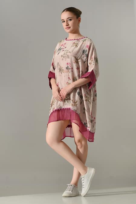 Buy_Samant Chauhan_Pink Silk, Cotton Round Neck Floral Print Layered Kaftan _Online_at_Aza_Fashions