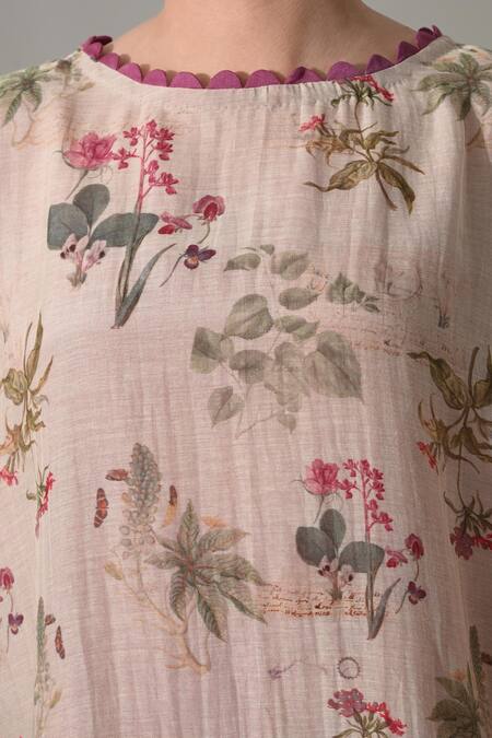 Shop_Samant Chauhan_Pink Silk, Cotton Round Neck Floral Print Layered Kaftan _Online_at_Aza_Fashions