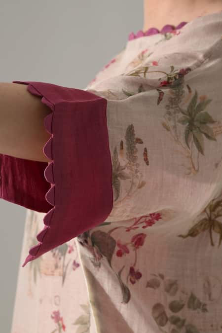 Samant Chauhan_Pink Silk, Cotton Round Neck Floral Print Layered Kaftan _at_Aza_Fashions