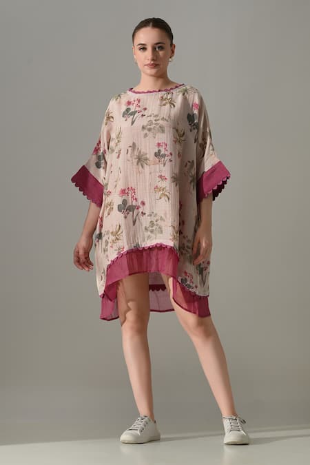 Buy_Samant Chauhan_Pink Silk, Cotton Round Neck Floral Print Layered Kaftan 