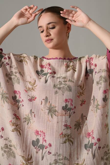 Shop_Samant Chauhan_Pink Silk, Cotton Round Neck Floral Print Layered Kaftan 