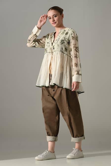 Shop_Samant Chauhan_Cream Silk, Cotton Split V-neck, Yes Botanical Print Kurta And Trouser Set _Online_at_Aza_Fashions