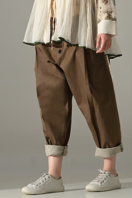 Samant Chauhan_Cream Silk, Cotton Split V-neck, Yes Botanical Print Kurta And Trouser Set _at_Aza_Fashions