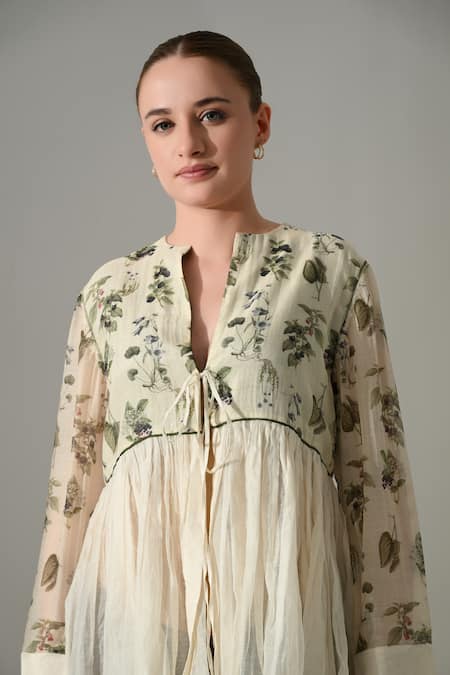 Buy_Samant Chauhan_Cream Silk, Cotton Split V-neck, Yes Botanical Print Kurta And Trouser Set 