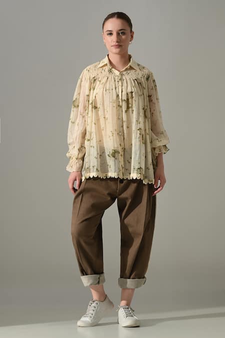 Samant Chauhan Botanical Print Gathered Shirt & Trouser Set 
