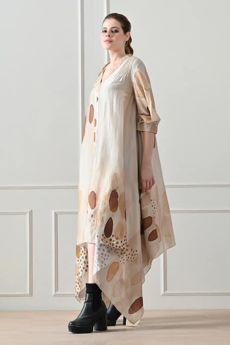 Samant Chauhan_Beige Cotton, Linen Beads V-neck Abstract Print Dress _Online_at_Aza_Fashions