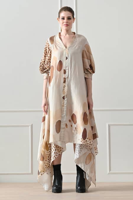 Buy_Samant Chauhan_Beige Cotton, Linen Beads V-neck Abstract Print Dress _Online_at_Aza_Fashions