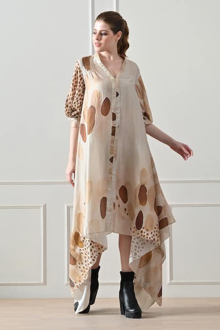 Shop_Samant Chauhan_Beige Cotton, Linen Beads V-neck Abstract Print Dress _Online_at_Aza_Fashions