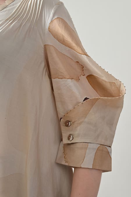 Shop_Samant Chauhan_Beige Cotton, Linen Beads V-neck Abstract Print Dress 