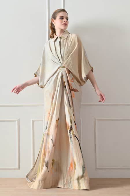 Samant Chauhan Beige Abstract Print Draped Dress 
