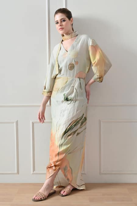 Samant Chauhan Beige Floral Print Dress 