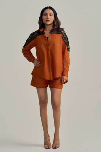 Shop_Neetiandmudita_Orange Cotton Collared Rust Reverie Shirt _Online_at_Aza_Fashions