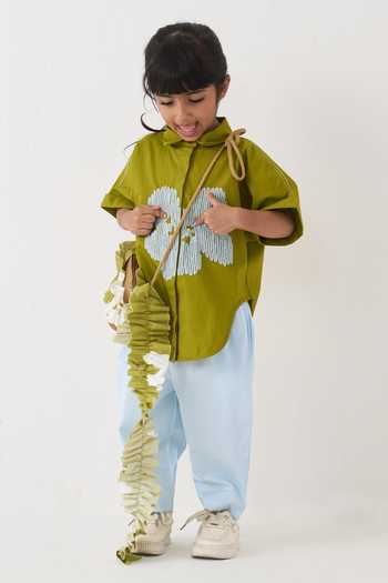 Three_Green Cotton, Poplin Embroidery Floral Shirt And Pant Set _Online_at_Aza_Fashions