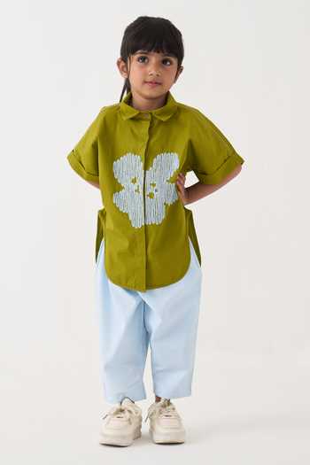 Shop_Three_Green Cotton, Poplin Embroidery Floral Shirt And Pant Set _Online_at_Aza_Fashions