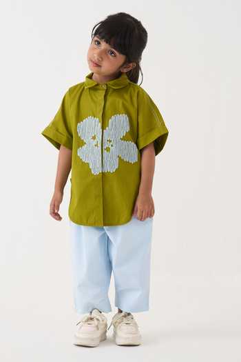 Three_Green Cotton, Poplin Embroidery Floral Shirt And Pant Set _at_Aza_Fashions