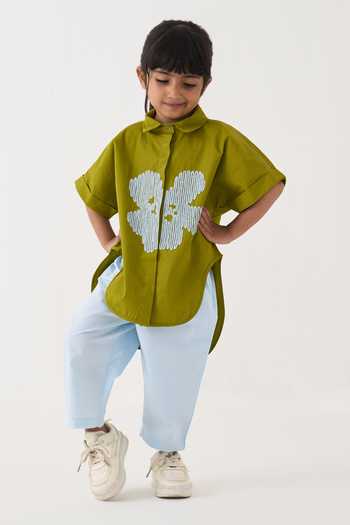 Buy_Three_Green Cotton, Poplin Embroidery Floral Shirt And Pant Set 