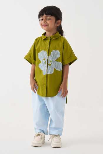 Shop_Three_Green Cotton, Poplin Embroidery Floral Shirt And Pant Set 