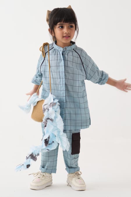 Three_Blue Handloom Cotton Embroidery Chequered Top And Pant Set _Online_at_Aza_Fashions