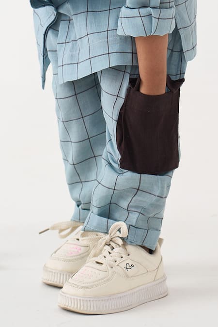 Buy_Three_Blue Handloom Cotton Embroidery Chequered Top And Pant Set _Online_at_Aza_Fashions