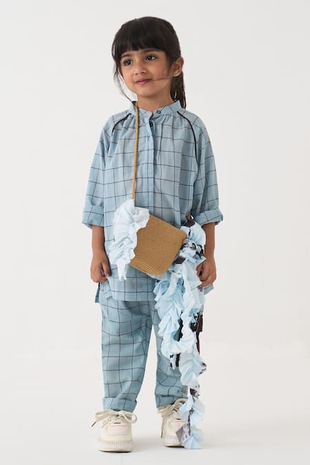 Shop_Three_Blue Handloom Cotton Embroidery Chequered Top And Pant Set _Online_at_Aza_Fashions