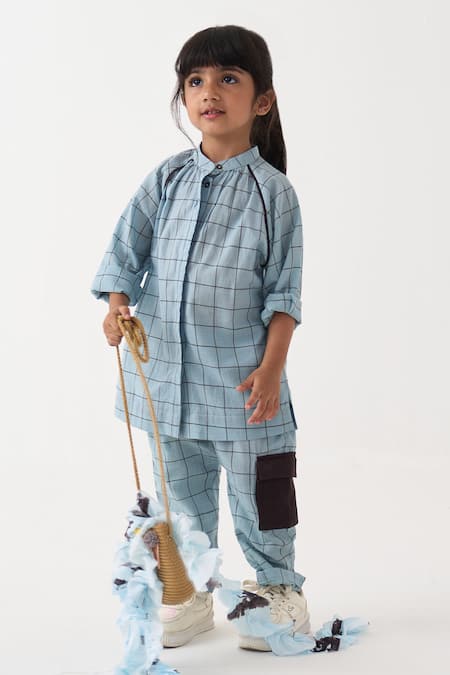 Three_Blue Handloom Cotton Embroidery Chequered Top And Pant Set _at_Aza_Fashions