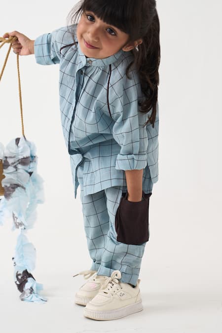 Buy_Three_Blue Handloom Cotton Embroidery Chequered Top And Pant Set 