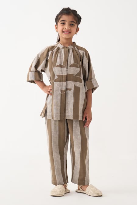 Three Cedar Stripe Handwoven Cotton Top & Pant Set 