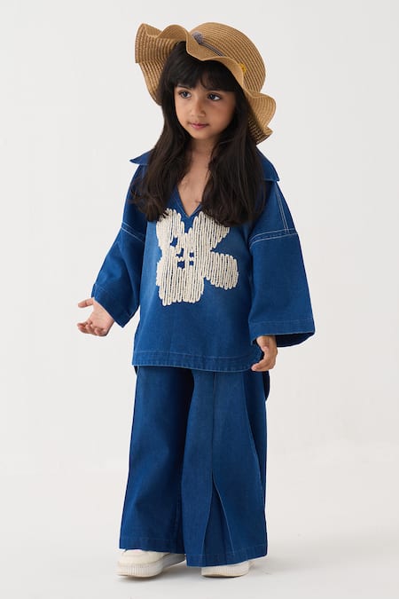 Three Embroidered Denim Top & Pant Set 