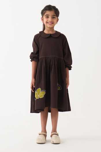 Three_Brown Cotton Applique Handwoven Peter Pan Collar Dress _Online_at_Aza_Fashions